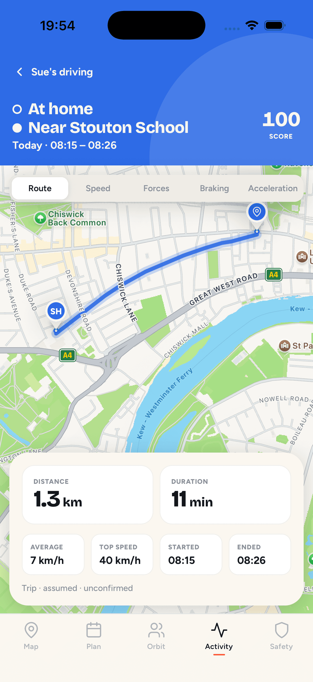 Orbily school-run route, distance and duration
