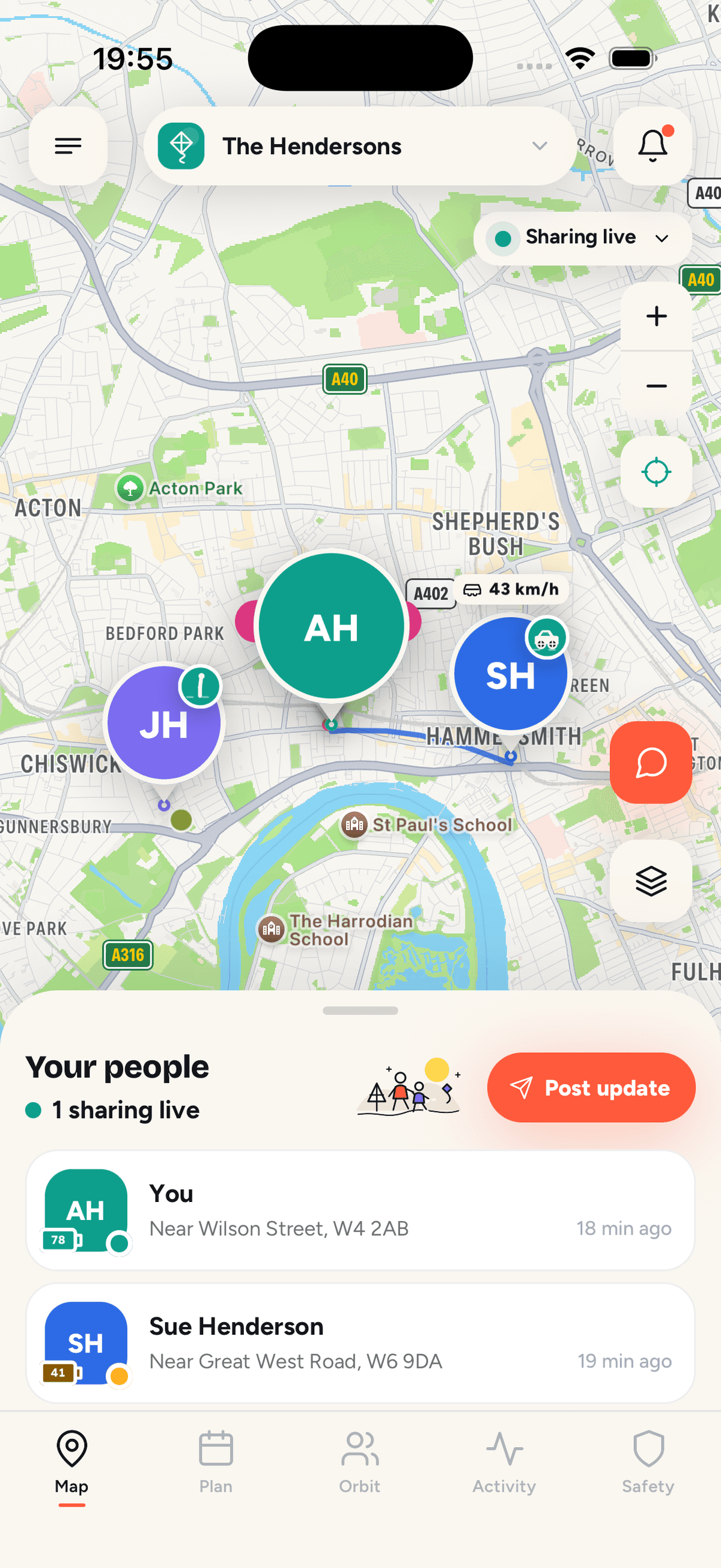 Orbily Map tab showing family locations and sharing controls